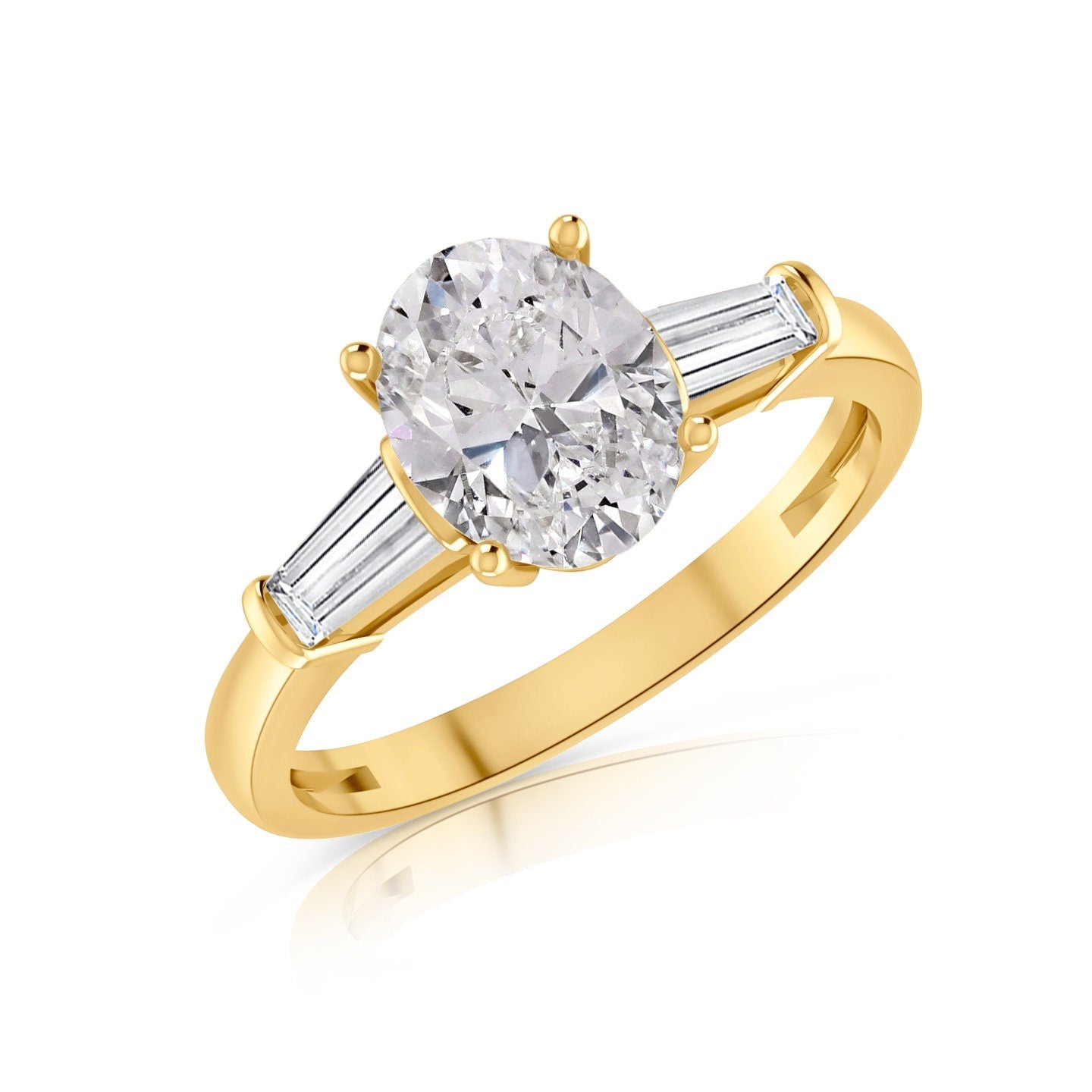 1.28 Ct Oval Taper baguette 3 Stone Moissanite And Simulated Diamond Designer Engagement Wedding Ring 14k Yellow Gold