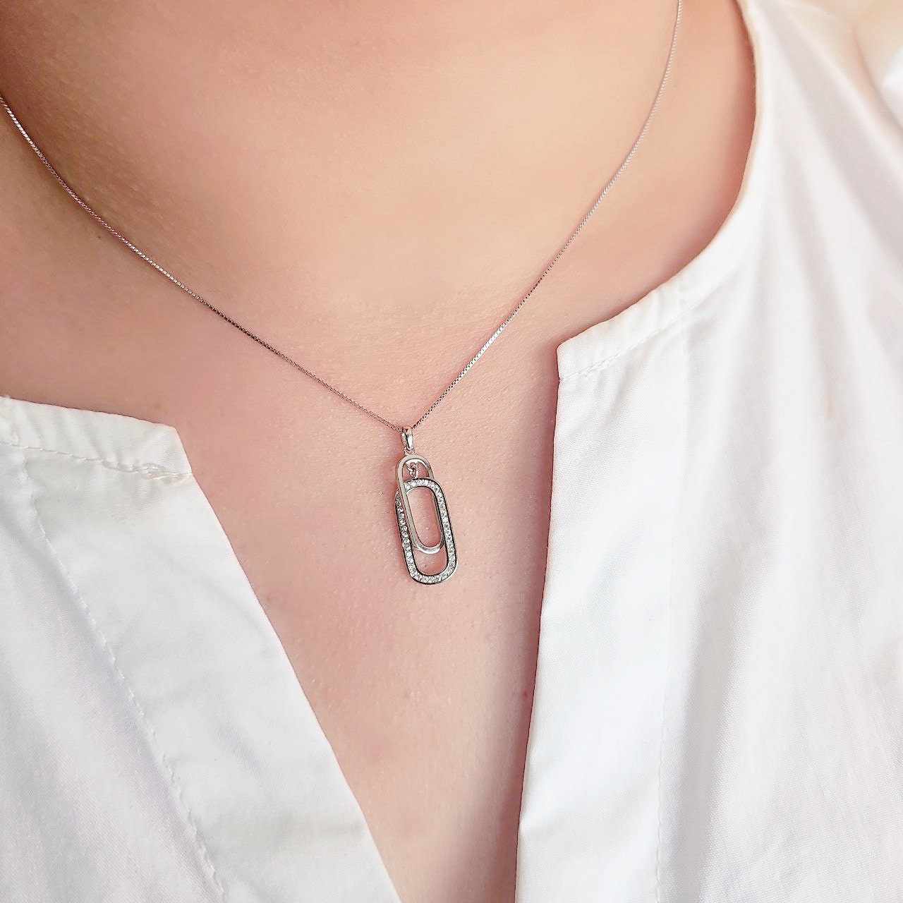 Silver Paper Clip Link Pendant Necklace, 925 Sterling Silver Necklace, Gift for Her