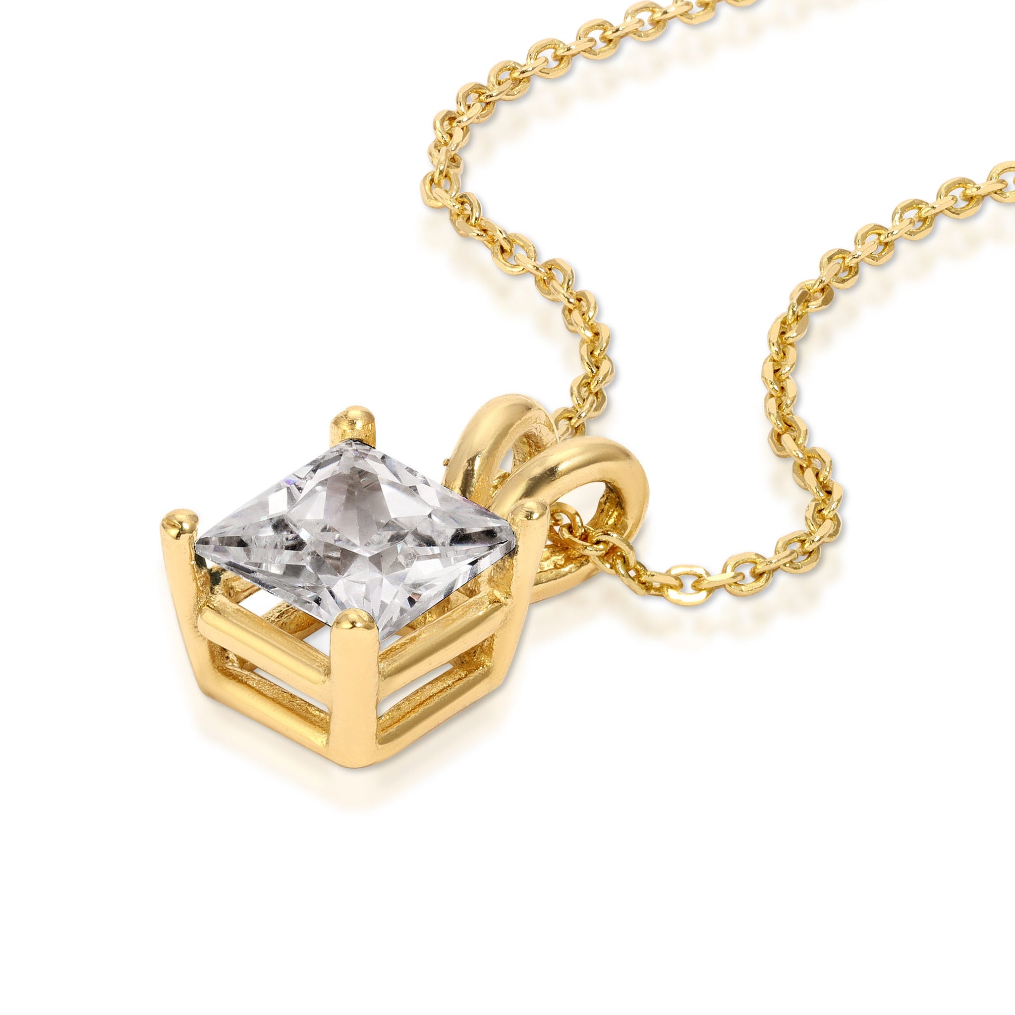 1 Ct Princess Cut Solitaire Designer Genuine Flawless Clear Simulated Diamond 14K Yellow Gold Pendant with 16" Chain