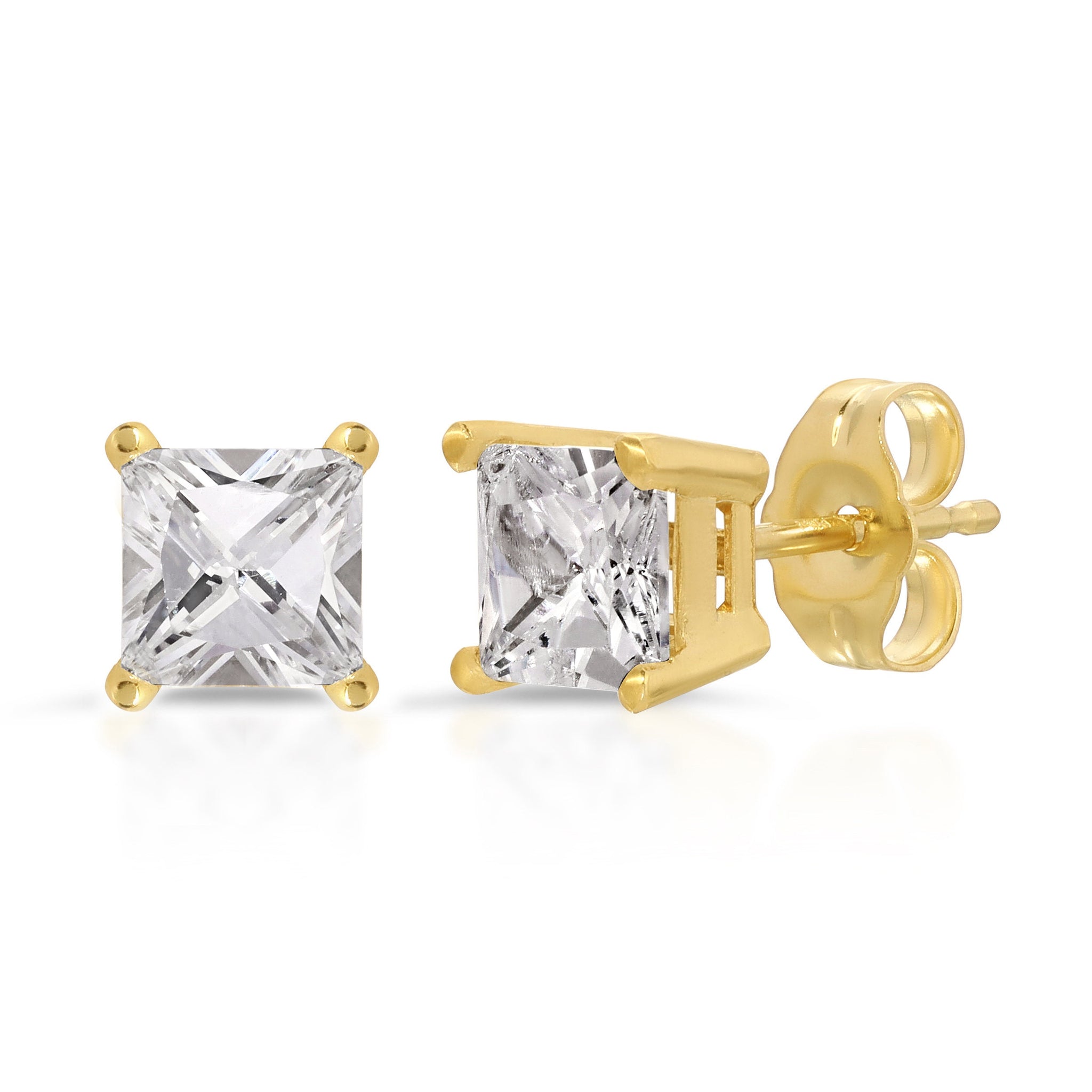 4ct Brilliant Princess Cut Studs Designer Genuine Flawless Clear Simulated Diamond 14K Yellow Gold Earrings Push back