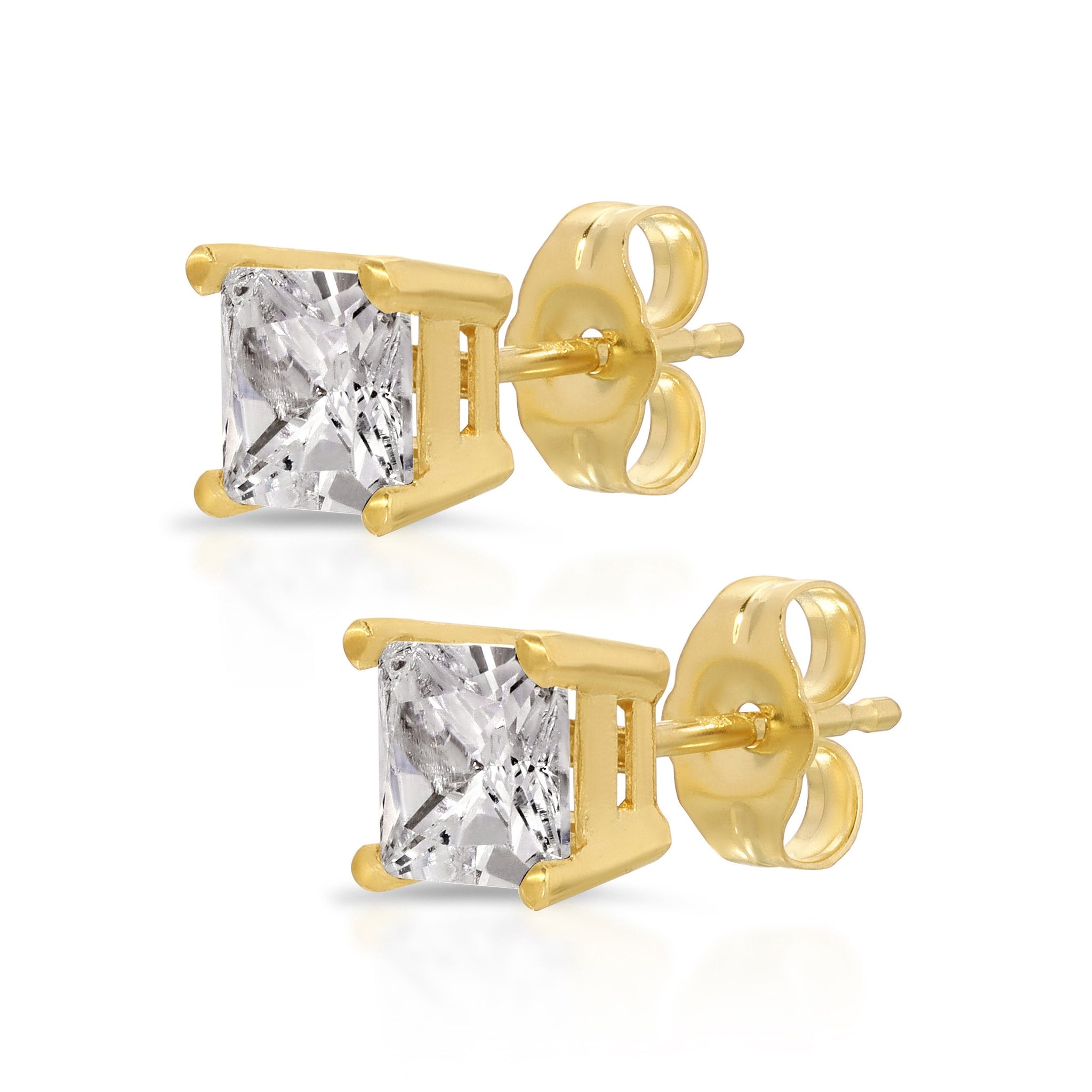 1ct Brilliant Princess Cut Studs Designer Genuine Flawless Clear Simulated Diamond 14K Yellow Gold Earrings Push Back