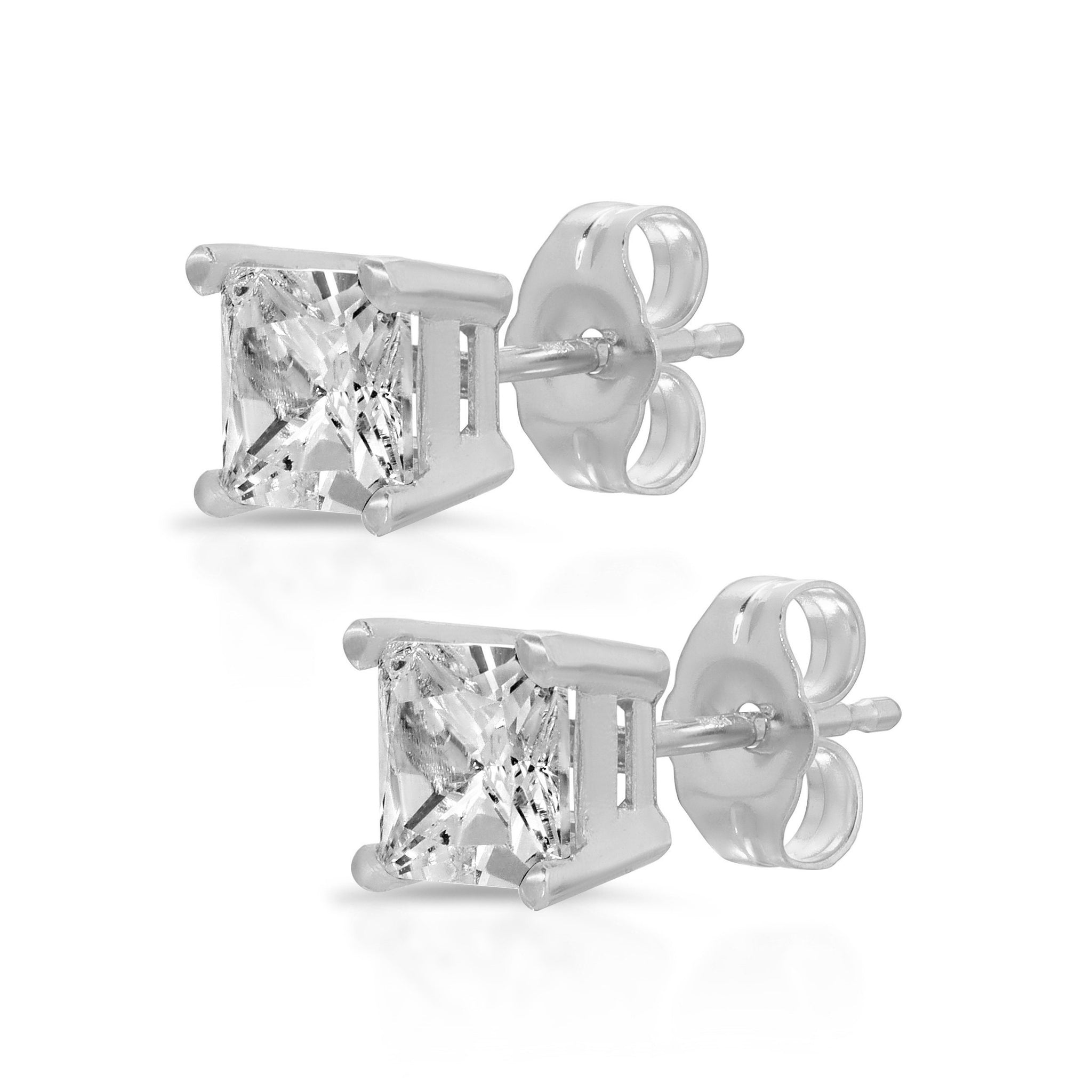 0.75 Ct Brilliant Princess Cut Studs Designer Genuine Flawless Clear Simulated Diamond 14K White Gold Earrings Push Back