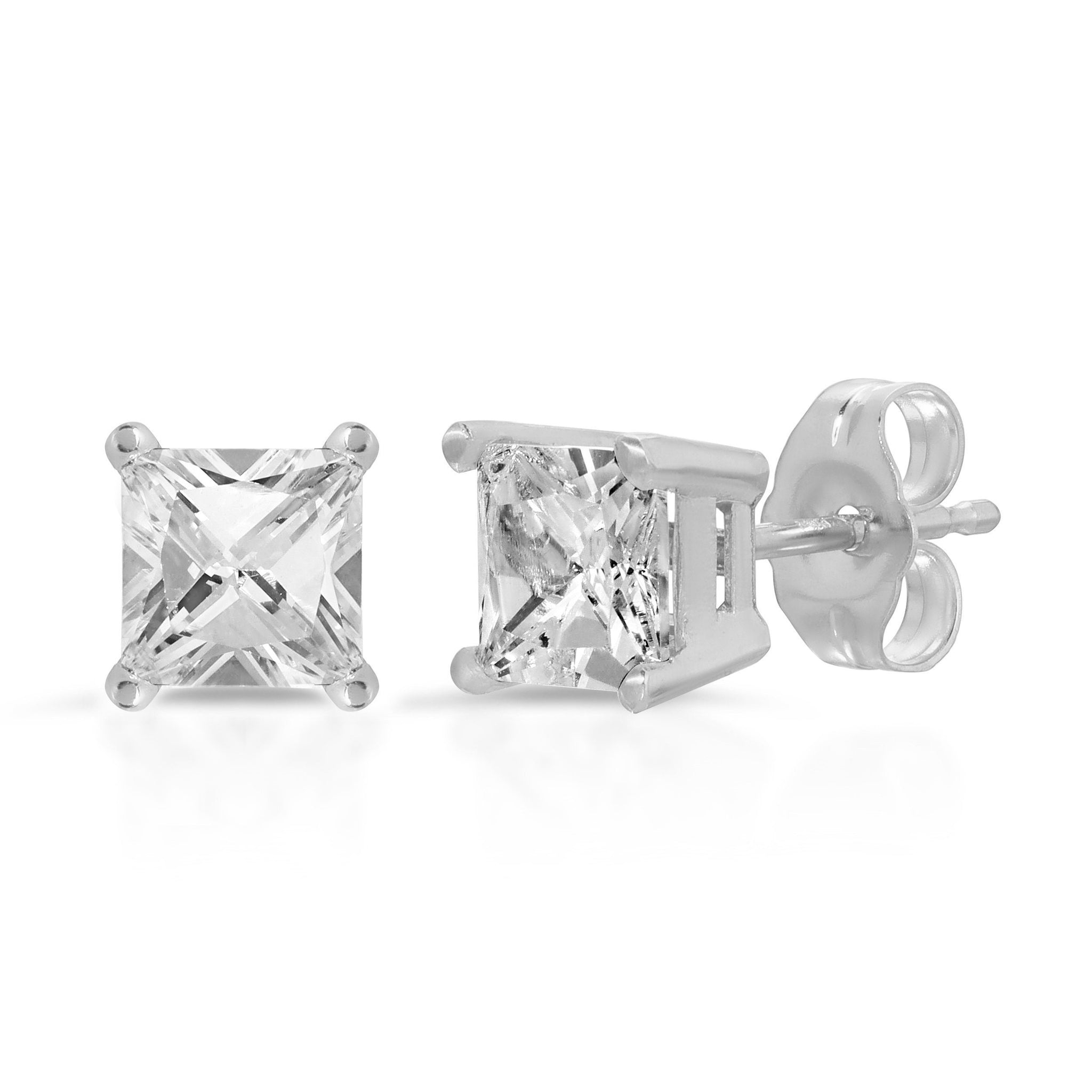 0.75 Ct Brilliant Princess Cut Studs Designer Genuine Flawless Clear Simulated Diamond 14K White Gold Earrings Push Back