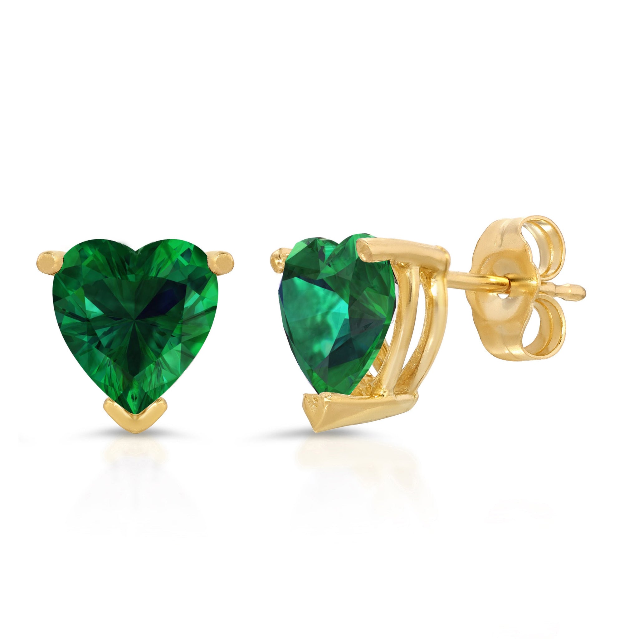 3 Ct Brilliant Heart Cut Solitaire Studs Green Emerald Simulated Earrings 14k Solid Yellow Gold Push Back