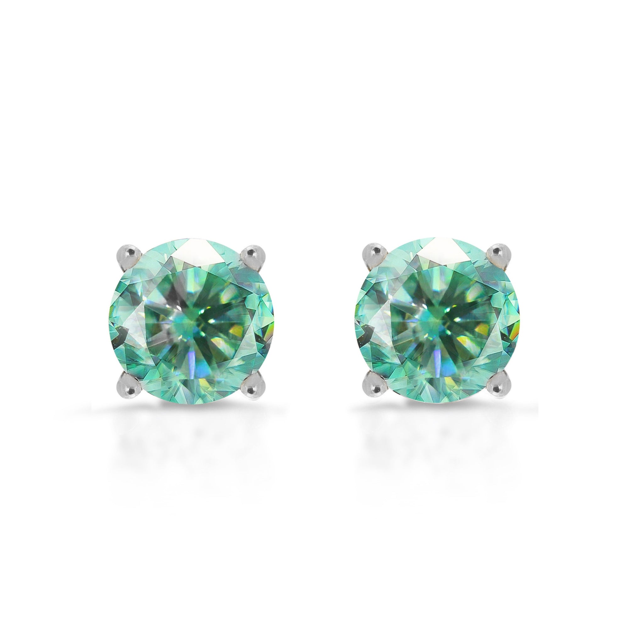 1.50ct Brilliant Round Cut Ideal VVS1 Blue Green Moissanite Studs 14K White Gold Earrings Push back