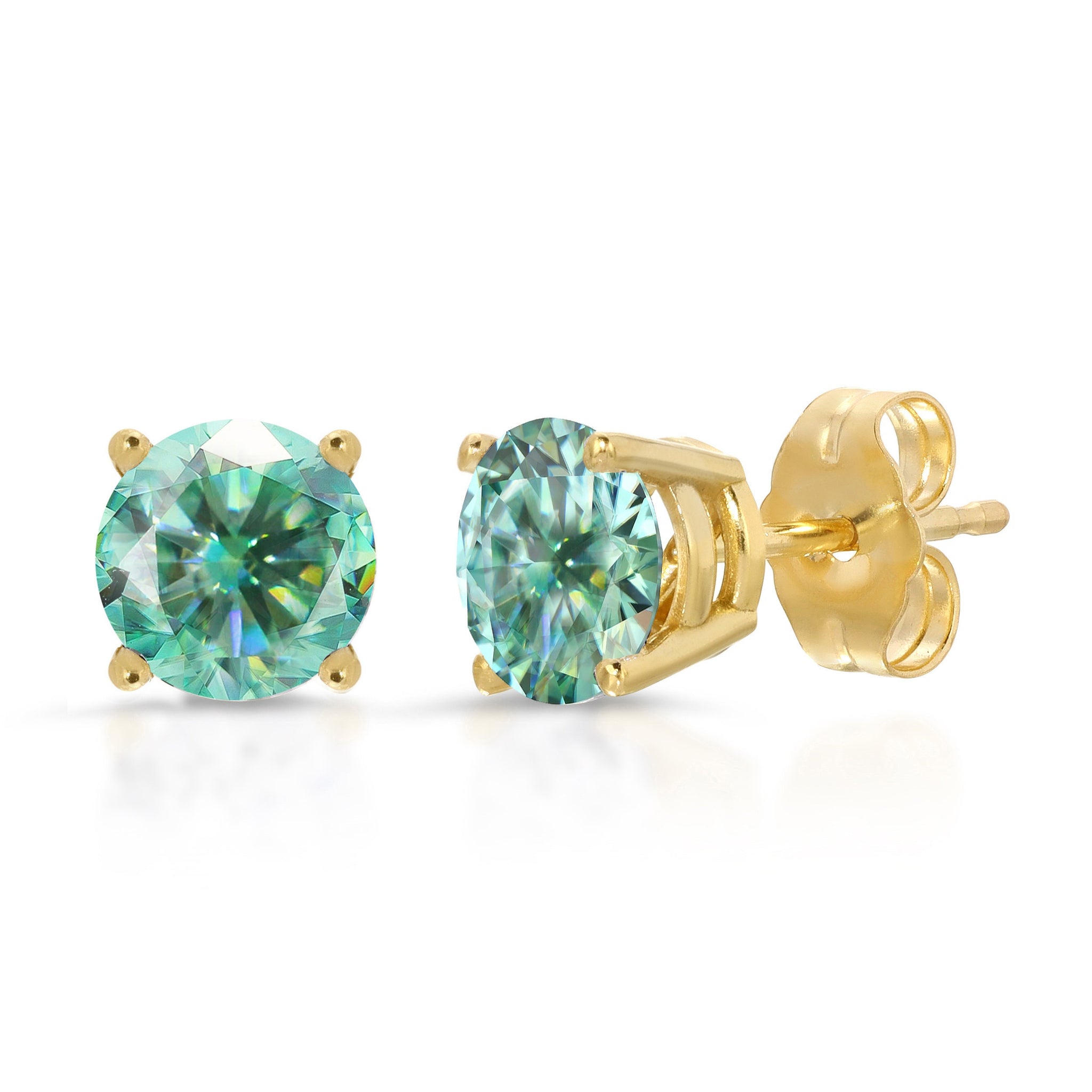 2ct Brilliant Round Cut Ideal VVS1 Blue Green Moissanite Studs 14K Yellow Gold Earrings Push back