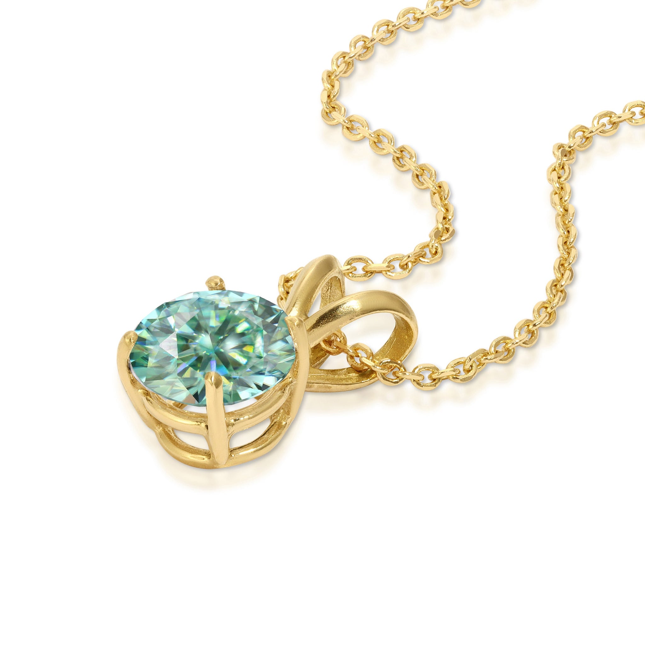 1 ct Brilliant Round Cut Ideal VVS1 Blue Green Moissanite Studs 14K Yellow Gold Pendant with 16" Chain