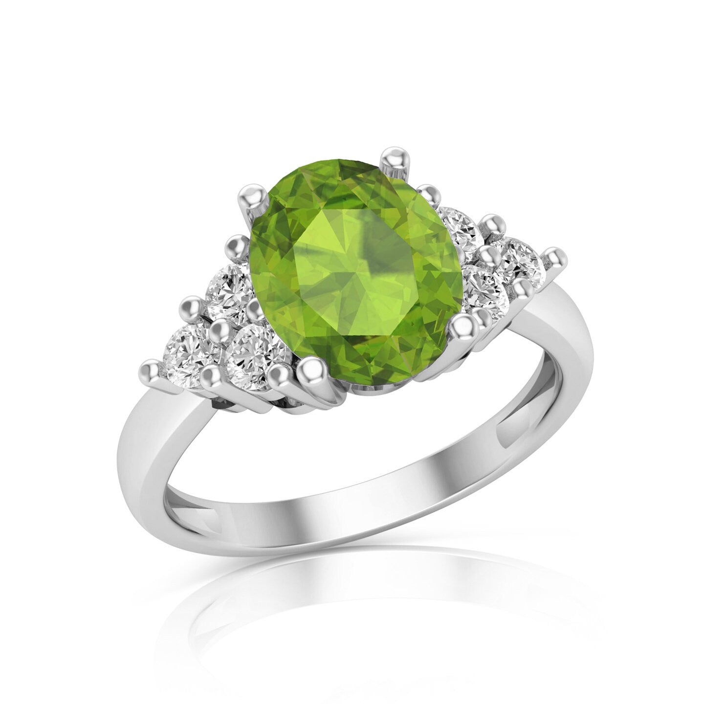 1.20ct Genuine Flawless Natural Peridot Brilliant Oval and Round Cut Simulated Diamond Designer Ring 14k White Gold