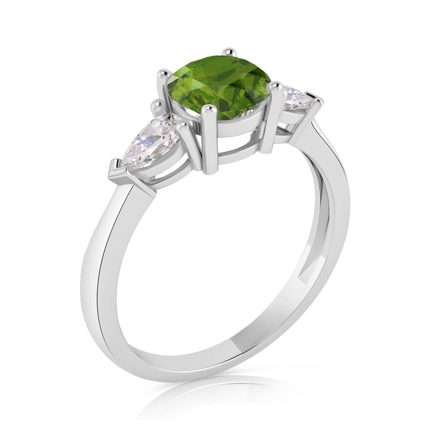 2.50ct Natural Genuine Peridot Round With Simulated Pear Shape cut Designer 3 Stone Simulated Diamond Engagement Ring 14k White Gold