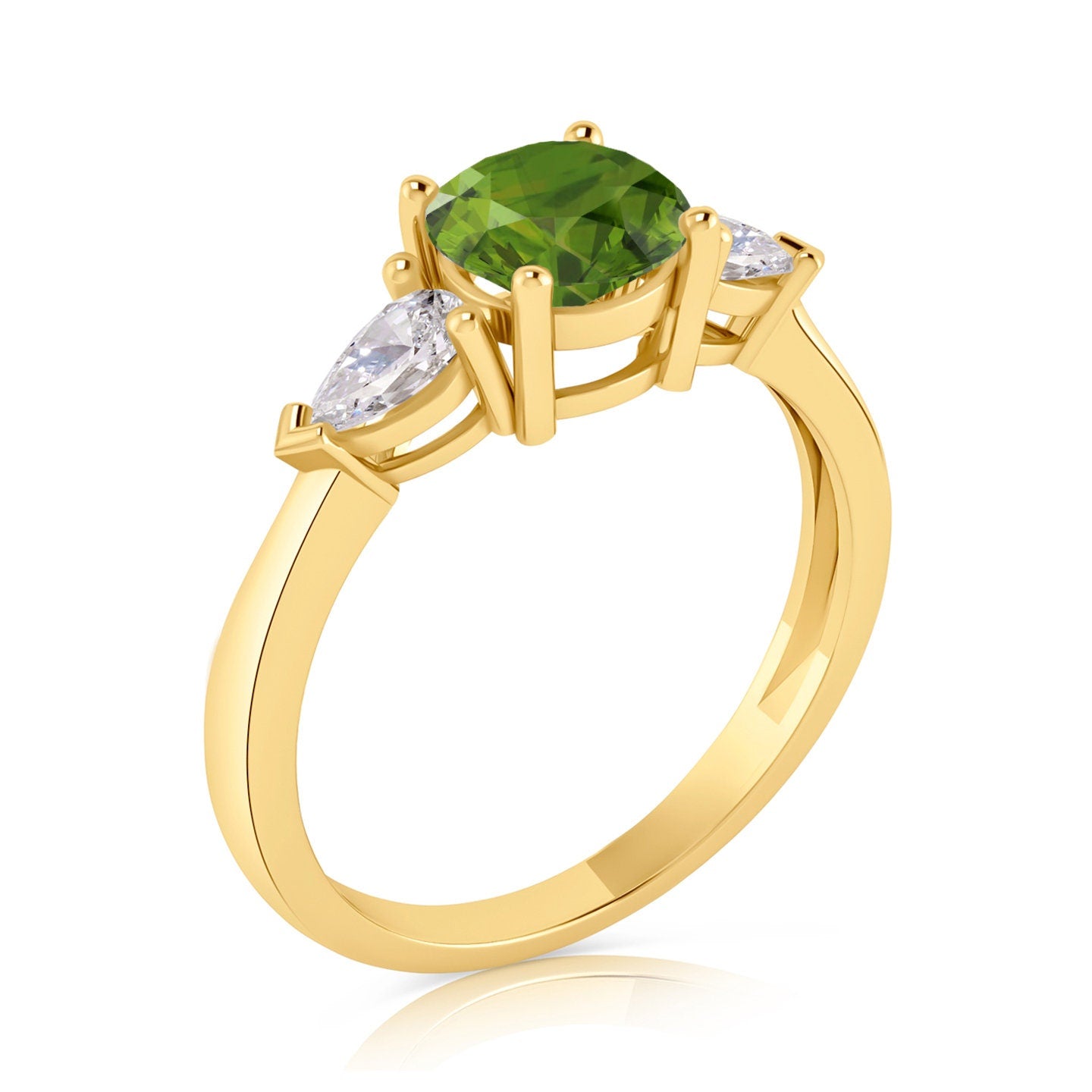 2.50ct Natural Genuine Peridot Round With Simulated Pear Shape cut Designer 3 Stone Simulated Diamond Engagement Ring 14k  Yellow Gold