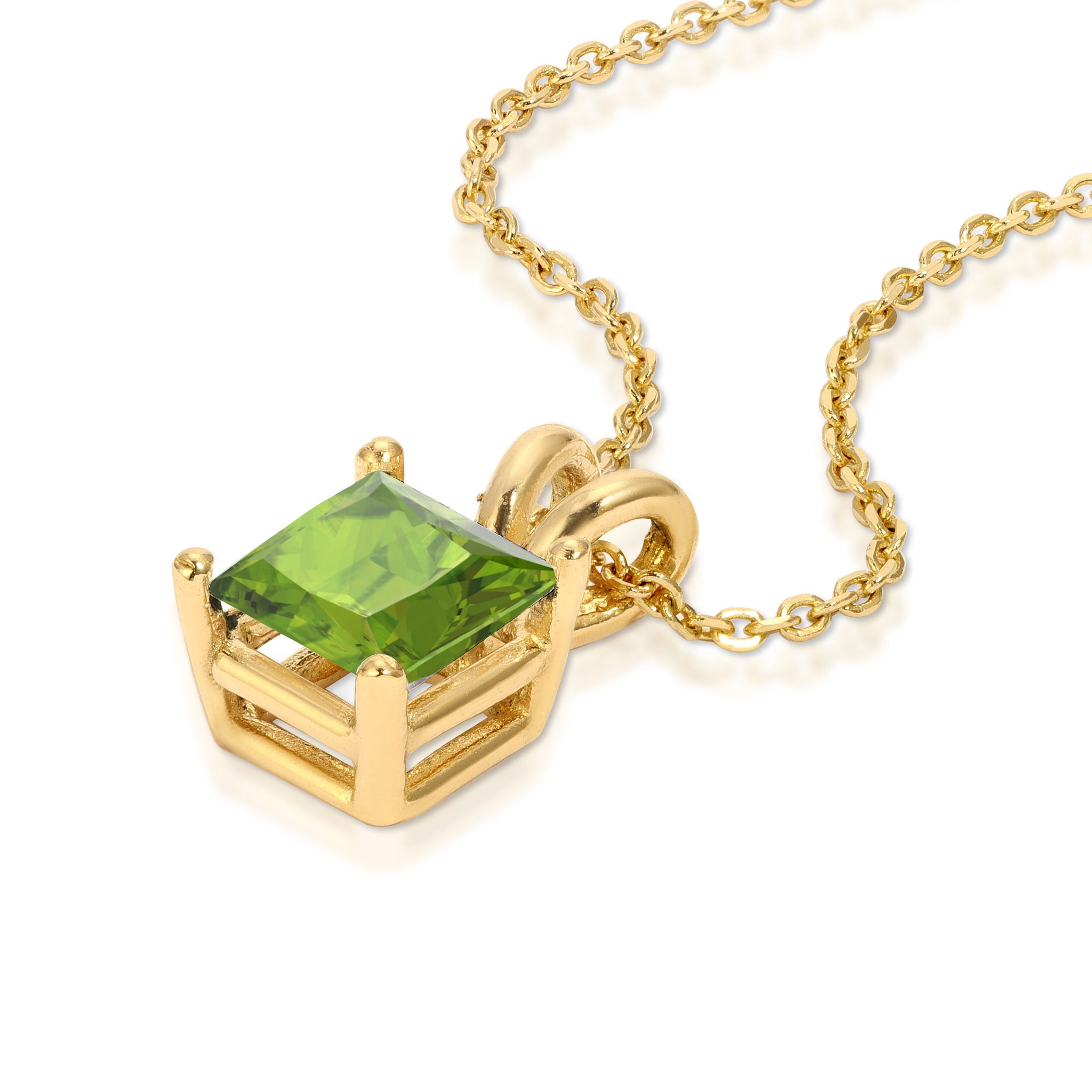 0.40 CT Genuine Flawless Natural Peridot Brilliant Princess Cut Solitaire Designer Necklace 14k Yellow Gold With 18" Chain