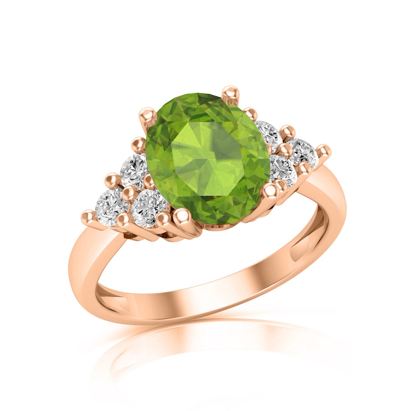 1.55ct Genuine Flawless Natural Peridot Brilliant Oval and Round Cut Simulated Diamonds Designer Ring 14k Rose Gold