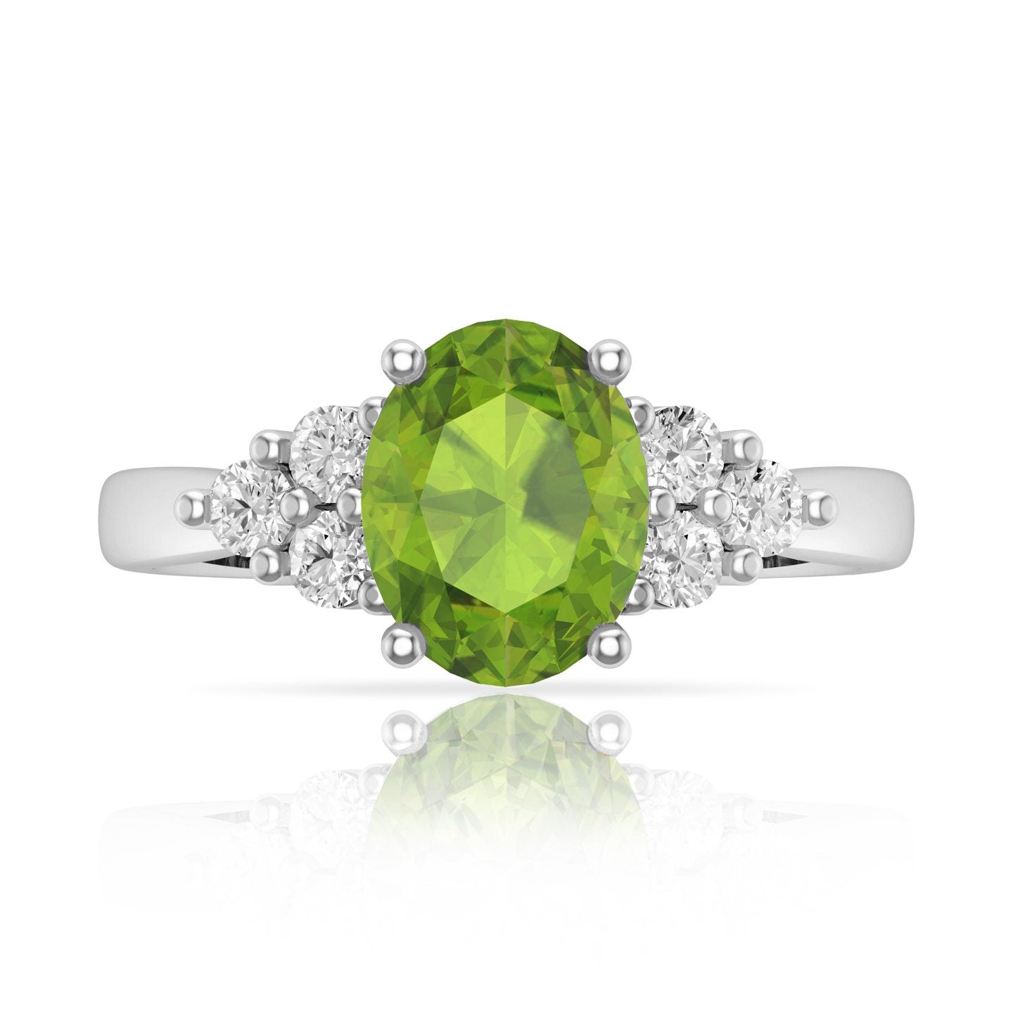 0.80ct Genuine Flawless Natural Peridot Brilliant Oval and Round Simulated Diamond Cut Designer Ring 14k White Gold