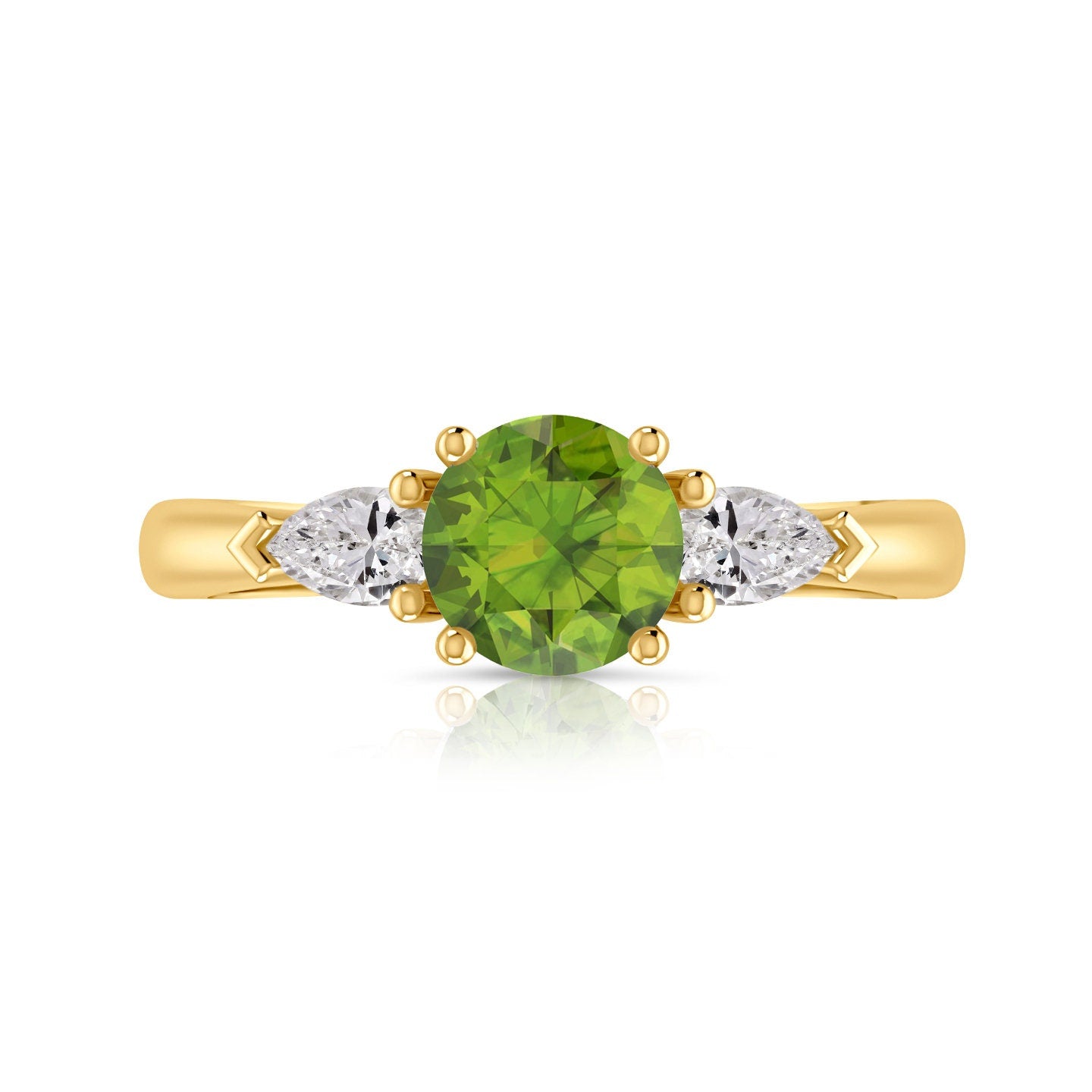 1.80ct Natural Genuine Peridot Round With Simulated Pear Shape cut Designer 3 Stone Simulated Diamond Engagement Ring 14k Yellow Gold