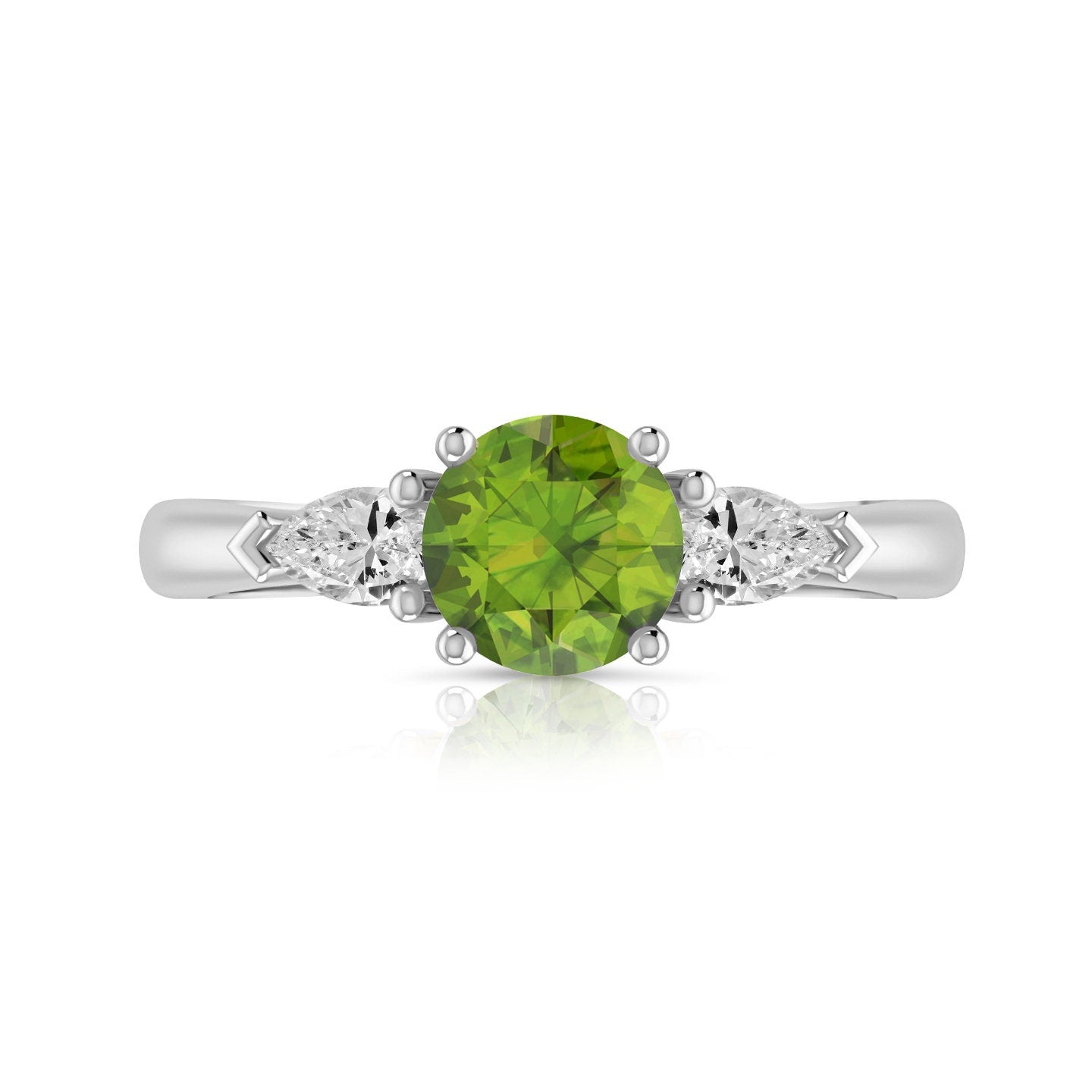 1.80ct Natural Genuine Peridot Round With Simulated Pear Shape cut Designer 3 Stone Simulated Diamond Engagement Ring 14k White Gold