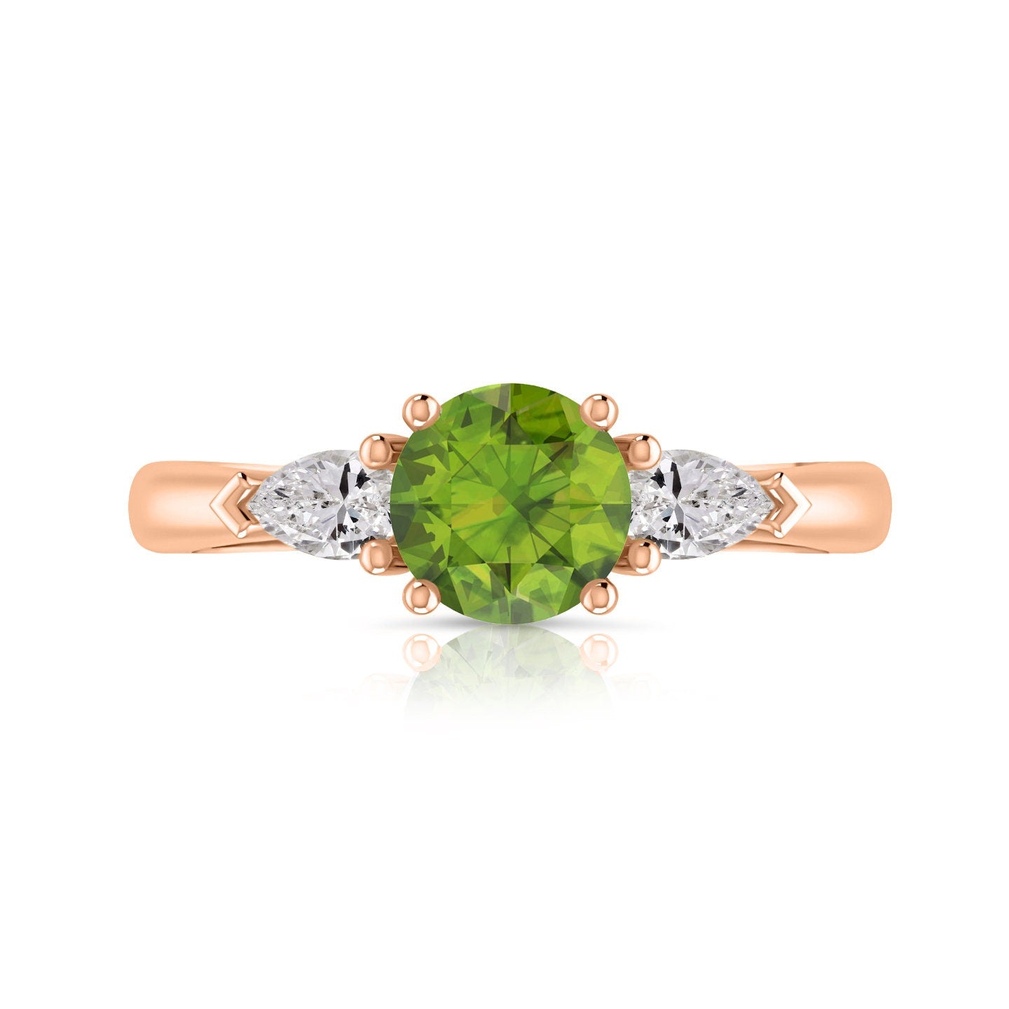 3.25ct Natural Genuine Peridot Round With Simulated Pear Shape cut Designer 3 Stone Simulated Diamond Engagement Ring 14k Rose Gold