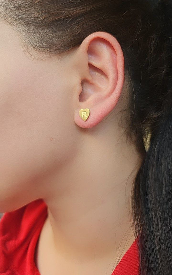 Heart 14k Solid Gold Earrings With Engraved Initial Push Back