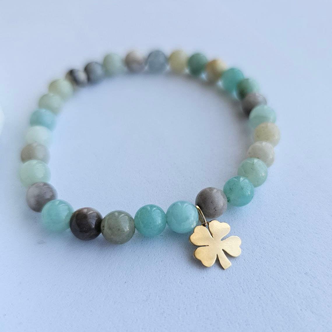 Natural Genuine Amazonite 4 Leaf Clover bracelet 14k Yellow Gold